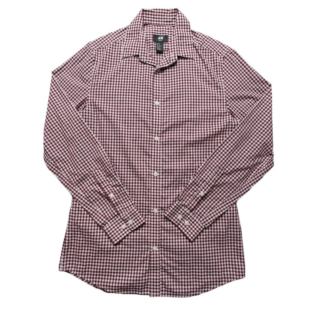 H&M Long Sleeve Button Up Shirt Slim Fit Mens Size Small Maroon White Checks